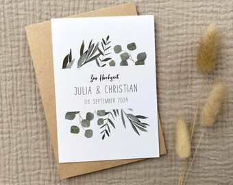 Personalisierbare Karte zur Hochzeit A6 *Eukalyptus* | Postkarte oder Klappkarte | Namen & Datum personalisiert | Hochzeitskarte