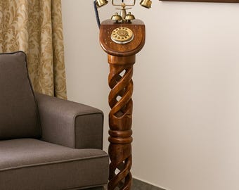Teléfono de disco vintage, madera de teca maciza, teléfono fijo antiguo