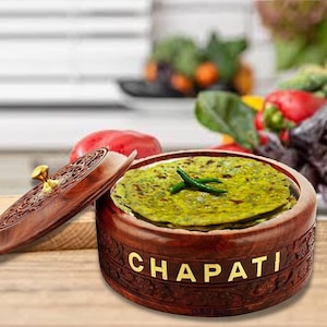 Graverad trä-chapatilåda med kruka i rostfritt stål (stor)