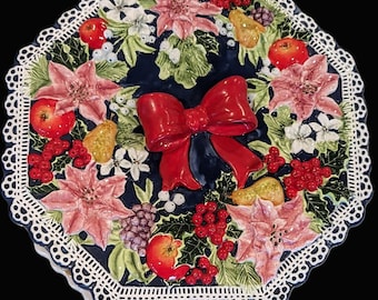 Too Good Gourmet Inc Large Hexagon ceramic cookie / sweets with lid decorated with Poinsettias Bows Fruit lace 11&quot;w x 6.5&quot;h Unique!