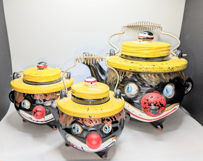 Vintage 1950s Thames Redware Clown Teapot Set Black Americana