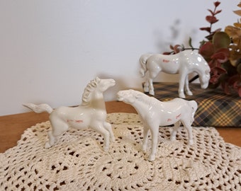 Vintage White Porcelain Horse Figurines, Stamped Made in Hong Kong, Set of 3