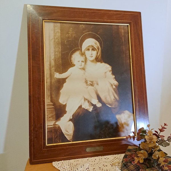 Antique Framed Lithograph Madonna and Child by Nathaniel Sichel