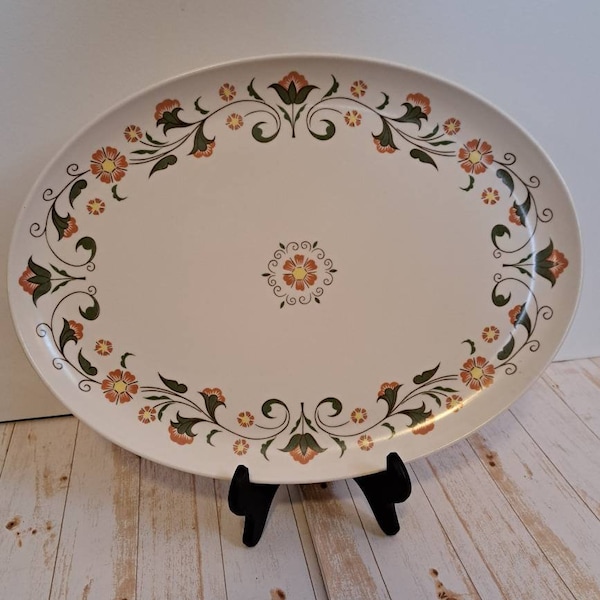 Vintage Floral Melmac Melamine Oval Platter, Coral Flowers