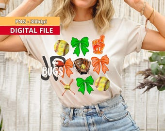 Lime Green, Orange Bow Softball PNG Design Sublimation Hand Drawn Digital Download Coquette Orange Ribbon PNG Soft Girl Preppy Orange Girly