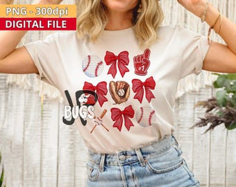 Red Bow Baseball PNG Design Sublimation Hand Drawn Digital Download Coquette Red Ribbon PNG Soft Girl Preppy Red Girly DTF Printable