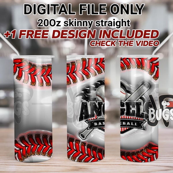 3D Inflated Angels Baseball 20oz Tumbler Wrap PNG Sublimation 3D Puffy 20oz Skinny Tumbler Sublimation Digital Only