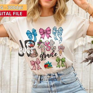 1st Grade Coquette Bow PNG – Cute Back to School Hand Drawn Design for Teachers & Students – Preppy Sublimation Graphic Download