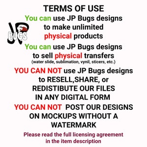 Pu&ograve; includere: Termini di utilizzo per i design di JP Bugs. Puoi utilizzare i design per realizzare prodotti fisici illimitati, vendere trasferimenti fisici, ma non puoi rivendere, condividere o ridistribuire i file in formato digitale. Non puoi nemmeno pubblicare i design su mockup senza una filigrana. Leggi l'intero accordo di licenza nella descrizione dell'articolo.