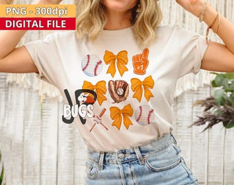 Orange Bow Baseball PNG Design Sublimation Hand Drawn Digital Download Coquette Orange Ribbon PNG Soft Girl Preppy Orange Girly Printable