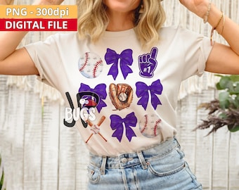 Purple Bow Baseball PNG Design Sublimation Hand Drawn Digital Download Coquette Purple Ribbon PNG Soft Girl Preppy Red Girly DTF Printable