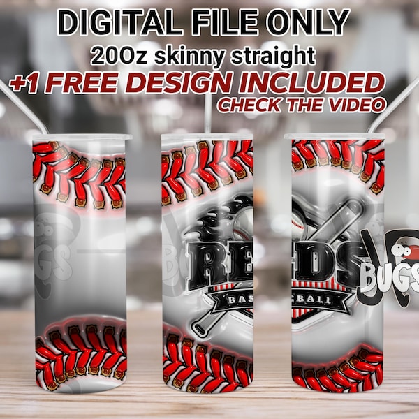 3D Inflated Reds Baseball 20oz Tumbler Wrap PNG Sublimation 3D Puffy 20oz Skinny Tumbler Sublimation Digital Only