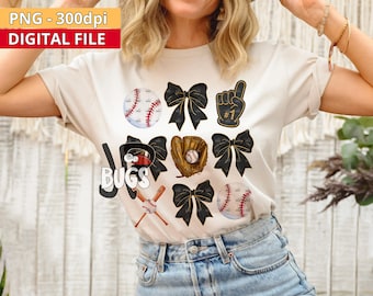 Black and gold Bow Baseball PNG Design Sublimation Hand Drawn Digital Download Coquette Black gold Ribbon PNG Preppy Black and gold Girly