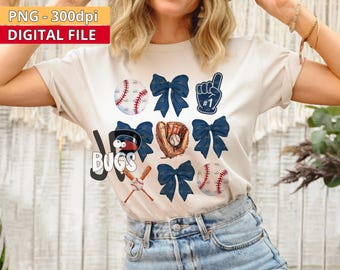 Navy Blue Bow Baseball PNG Design Sublimation Hand Drawn Digital Download Coquette Blue Ribbon PNG Soft Girl Preppy Blue Girly DTF Printable