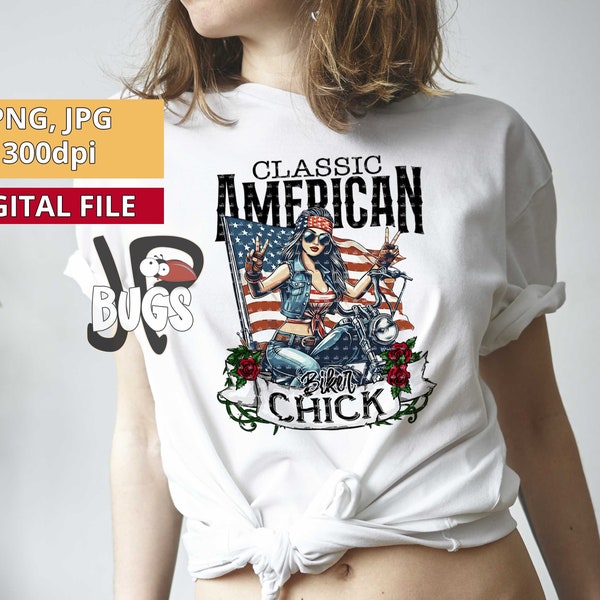 Classic American biker chick biker girl png sublimation design download dtg print clipart Biker t-shirt design biker gift