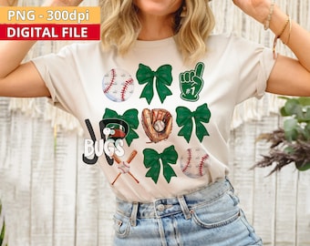Kelly Green Bow Baseball PNG Design Sublimation Hand Drawn Digital Download Coquette Green Ribbon PNG Soft Girl Preppy Green Girly Printable