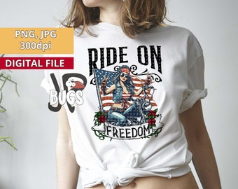 Ride on Freedom biker girl png sublimazione design download dtg stampa clipart Biker t-shirt design regalo per motociclisti