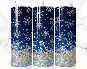 Glitter sneeuwvlok beker wrap, 20 oz magere beker sublimatie ontwerpsjabloon, winter beker PNG, Let It Sno beker, digitale download