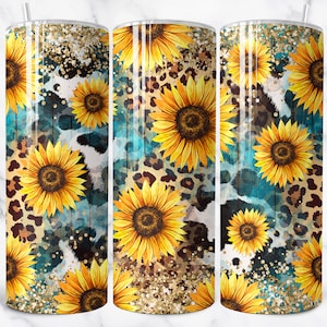 Sunflowers Leopard Tumbler Wrap, 20 oz Skinny Tumbler Sublimation Design Template, Cowhide Tumbler Design  Digital Download PNG