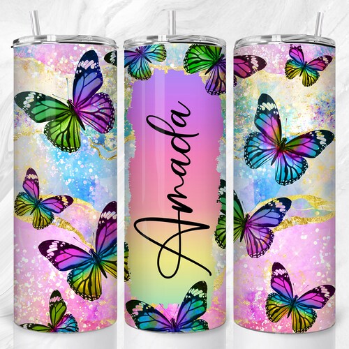 Colorful Butterfly Add Your Name Tumbler Wrap, 20 oz Skinny Tumbler Sublimation Design Template, Rainbow Tumbler Design Digital Download PNG
