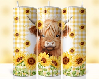 Baby Highland Cow Sunflower Tumbler Wrap, 20 oz Skinny Tumbler Sublimation Design, Highland Cow Sunflowers Tumbler PNG Digital Download
