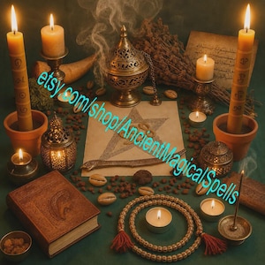 May include: A ritual setup featuring two tall yellow candles with etched symbols in terracotta pots, a brass incense burner, a central parchment with a star drawing, a leather-bound book, prayer beads, and several small tea light candles.