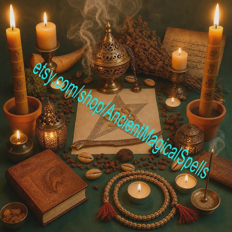 May include: A ritual setup featuring two tall yellow candles with etched symbols in terracotta pots, a brass incense burner, a central parchment with a star drawing, a leather-bound book, prayer beads, and several small tea light candles.