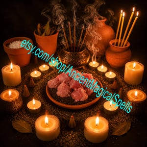 Puede incluir: Una colección de velas encendidas e inciensos dispuestos en círculo alrededor de un plato central de terracota con trozos de carne cruda. La escena incluye varias macetas de terracota, hierbas secas esparcidas y humo de incienso.