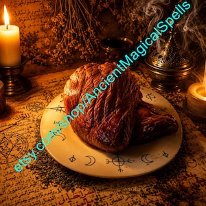 Könnte beinhalten: Ein Stück gegartes Fleisch liegt auf einem weißen Keramikteller, der mit schwarzen okkulten Symbolen verziert ist. Der Teller steht auf altem Pergamentpapier mit arabischer Schrift und mystischen Diagrammen, umgeben von drei brennenden Kerzen.