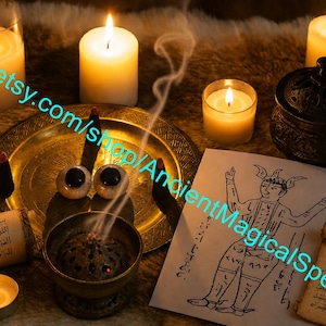 May include: A collection of ritual items including six lit candles, a brass plate with two white eyeballs, a smoking incense burner, two rolled parchment scrolls with Arabic script, and a paper illustration of a horned figure with text.