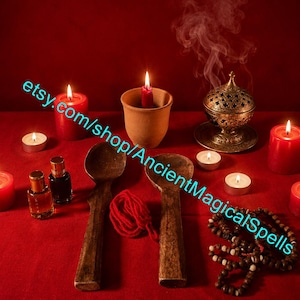 Peut inclure: Une collection d'objets rituels comprenant des bougies piliers rouges, des bougies chauffe-plat, une coupe en terre cuite avec une bougie rouge, un brûle-encens en laiton avec de la fumée, deux cuillères en bois, deux fioles en verre, une pelote de laine rouge et un collier de perles en bois.
