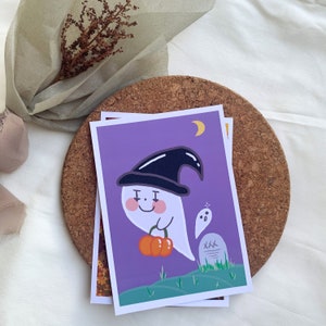 Hasen Halloween Kunstdruck \\ kleine Kawaii süße Postkarte, mattes Papier, farbenfrohe Illustration, Ästhetische Wohndekoration, Spruchkarten