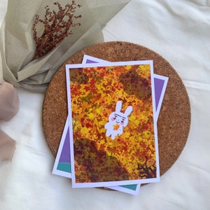 Hasen mit Ahornblatt Kunstdruck \\ bunte Postkarte, kawaii Postkarte, farbenfrohe Illustration, Ästhetische Wohndekoration, Spruchkarte