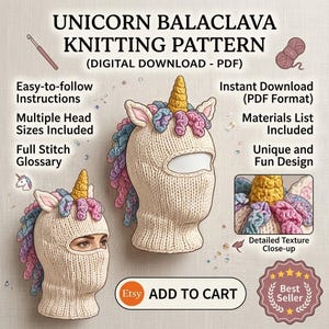 May include: A digital PDF knitting pattern for a unicorn balaclava. The design features a cream-colored knitted balaclava with a yellow horn and a multicolored mane in shades of blue, purple, and pink. Text includes UNICORN BALACLAVA KNITTING PATTERN.
