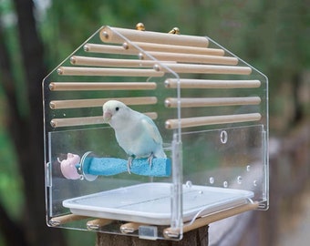 Small Bird Outing Carry Cage Acrylic Board with Wood Sticks and Strap for Small Bird Parrot Lovebird Budgie Pacific Parrotlet Finches