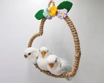 Heart Shape Swings with Flower Parrot Handmade Bird Toys Organic Bird Cages Accessories Lovebird Budgie Pacific Parrotlet