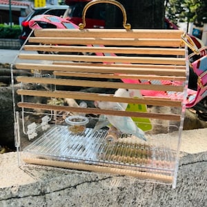 Medium Bird Outing Carry Cage Acrylic Board with Wood Sticks and Strap for Medium Bird Parrot Cockatiel Conure Myiopsitta