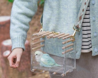 Mini Bird Outing Carry Cage Acrylic Board with Wood Sticks and Strap for Small Bird Parrot Lovebird Budgie Pacific Parrotlet Finches Hamster