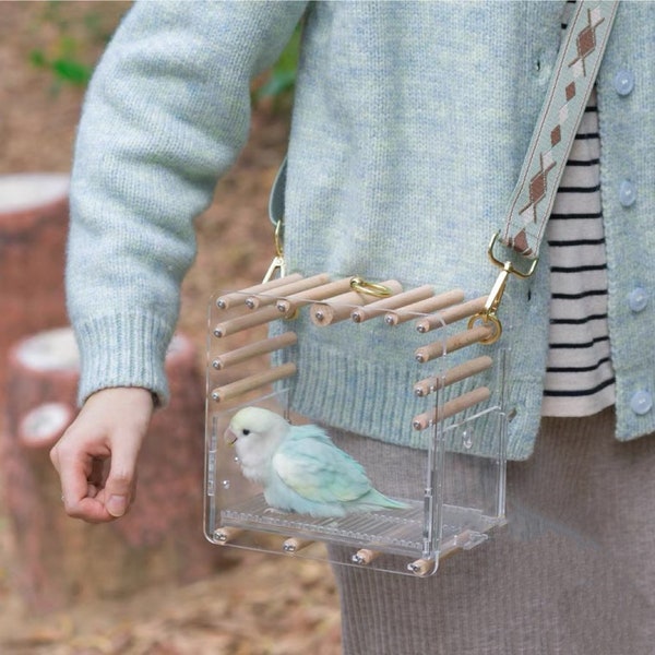 Mini Bird Outing Carry Cage Acrylic Board with Wood Sticks and Strap for Small Bird Parrot Lovebird Budgie Pacific Parrotlet Finches Hamster