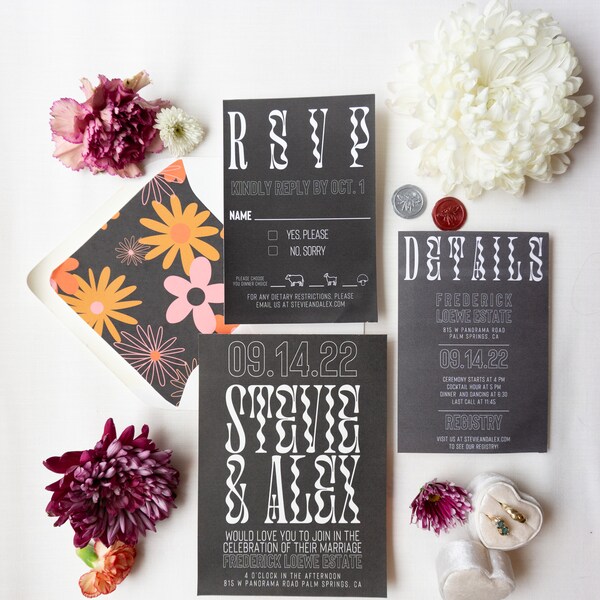 Funky Black and White Wedding Invitation and RSVP Card | Maximalist and Unique Wedding Suite | Custom Editable Template Invitations