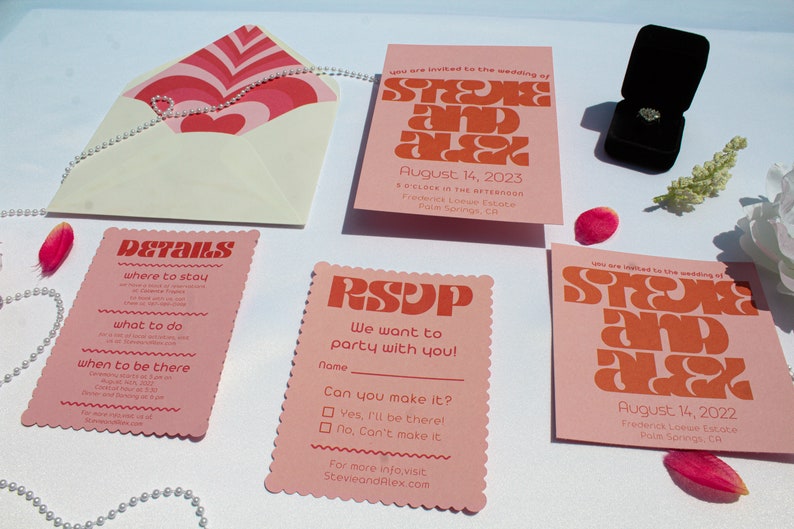 Fun and Funky Retro Pink and Red Wedding Invitations and RVSP | Retro ...