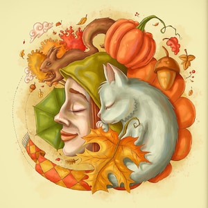 Cartel de otoño, cartel colorido, cartel de cita de otoño, impresión de gato durmiente, retrato colorido