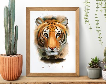 Tijger illustratie, tijger schilderij, tijger poster, dierlijke tijger kunst aan de muur, Bengaalse tijger print, wilde dieren poster, grote kat afdrukbare