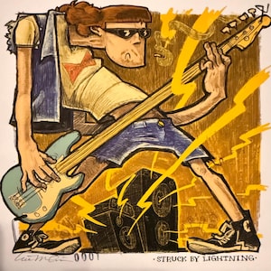 May include: Illustration of a musician playing a light blue bass guitar, with yellow lightning bolts and a speaker. The musician wears sunglasses, a yellow t-shirt, denim shorts, and black sneakers. The text "STRUCK BY LIGHTNING" is at the bottom.