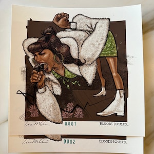 May include: A colorful illustration of a woman singing into a microphone. She is wearing a white fur jacket, a green and white patterned dress, and white boots. The background is brown with floral designs. The text "BLOODHOUND." is printed in the bottom right corner.