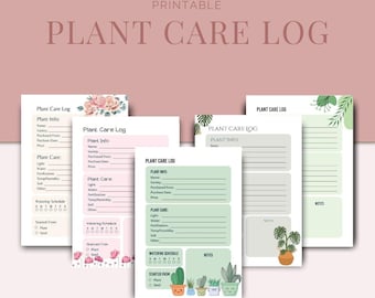 May include: Printable plant care log templates with floral and botanical illustrations. The templates include sections for plant information, care instructions, watering schedule, and notes.