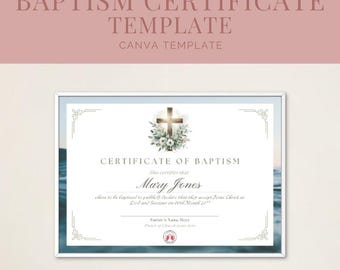 Elegant Baptism Certificate Template | Printable & Editable Canva Template | Digital Download with Cross Design