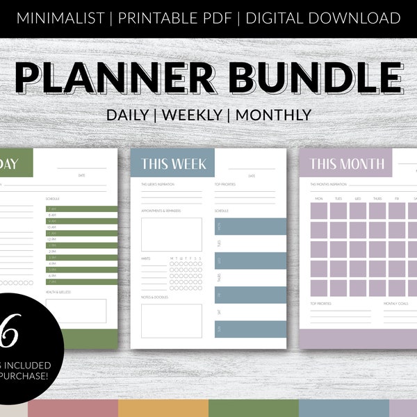 Minimalist Printable Planner Bundle in Multiple Colors | Daily, Weekly & Monthly Planners | Printable Planner Inserts | Instant PDF Download