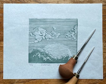 Sunrise Linoleum Block Print: Limited Edition Blue-Gray Art