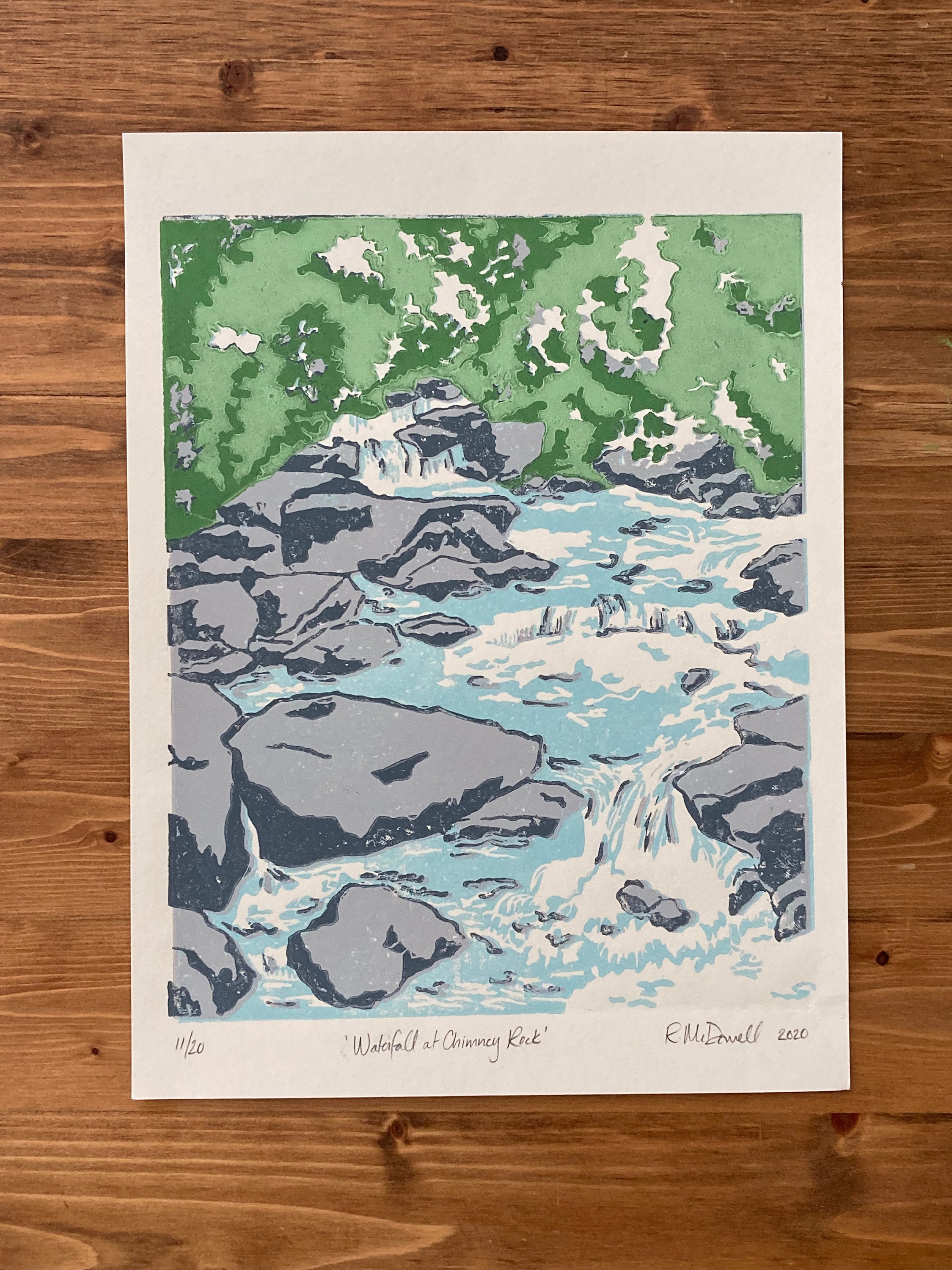 Waterfall at Chimney Rock Linocut Print, Limited Edition Linoleum Print ...
